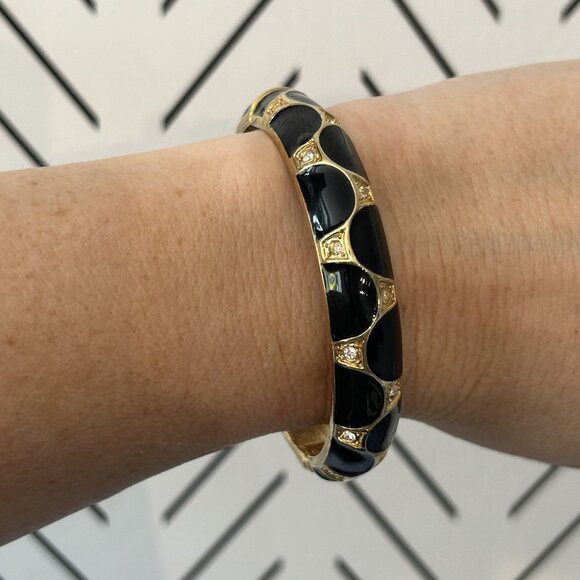 Nordstrom Enamel Hinge Clamp Bangle Cuff Clamper Bracelet Gold Black Rhinestone - Picture 6 of 7